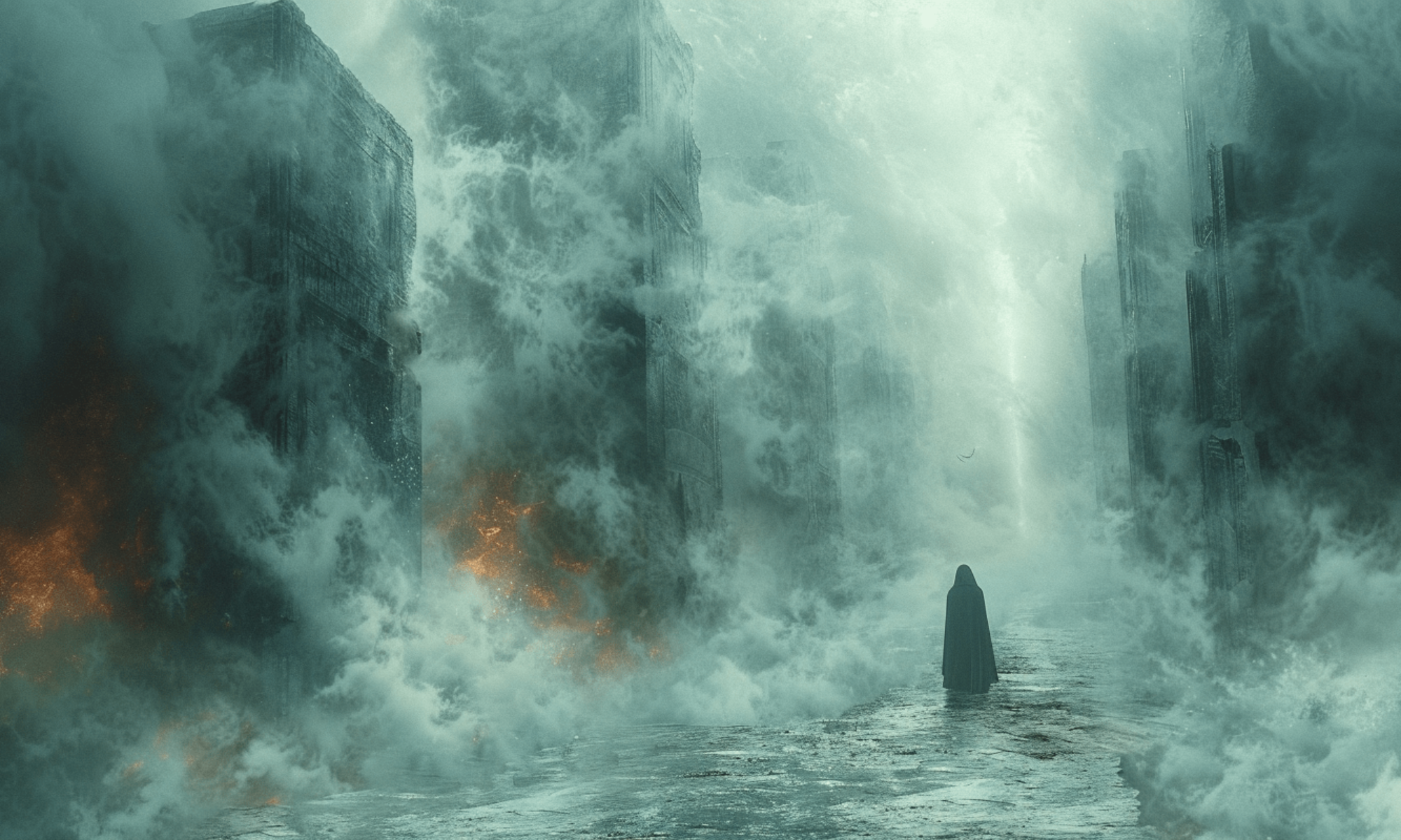 A lone figure stands among the immense ruins of some ancient city. Amongst the blue-gray fog, old fires kindle.